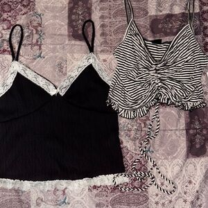 Black and Striped Lace Trim Camisole Set
